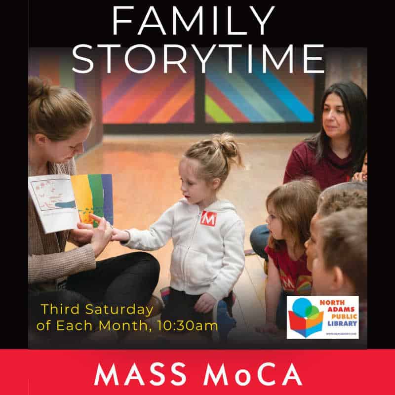 A woman reads a picture book to a group of young children during Family Storytime at MASS MoCA, co-hosted by the North Adams Public Library. Event happens the third Saturday of each month at 10:30am.