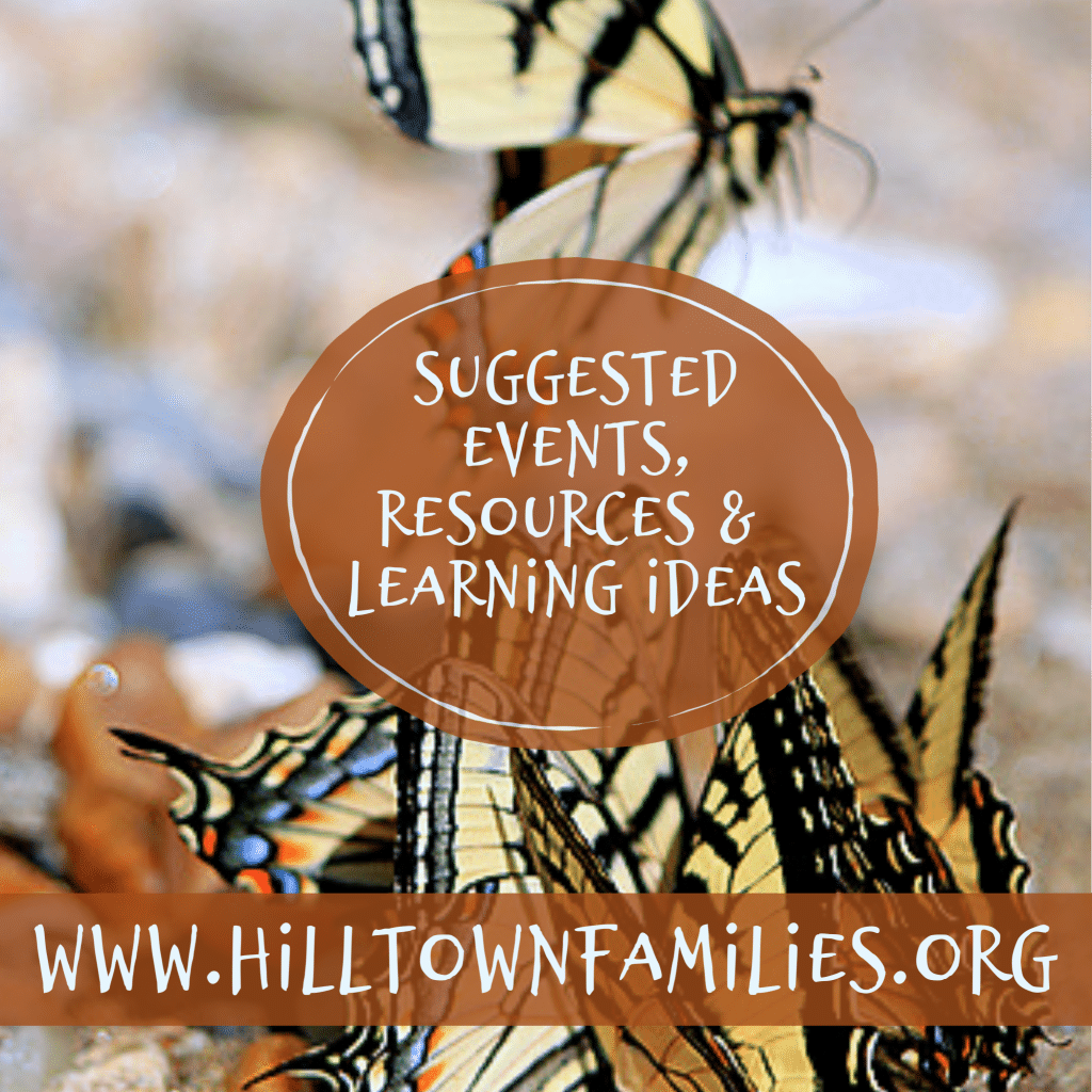 A group of Eastern Tiger Swallowtail butterflies gather on a sandy surface. A translucent brown circle displays the text “Suggested Events, Resources & Learning Ideas,” with www.HilltownFamilies.org written at the bottom.