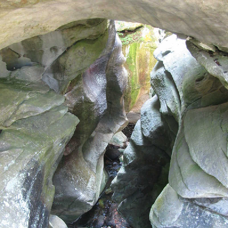 View through a narrow rock passage at Natural Bridge State Park, showing smooth, sculpted stone walls with green moss and a small stream flowing through the crevice.
