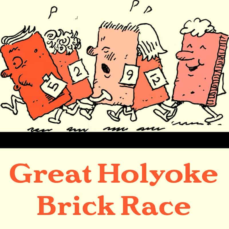 Great Holyoke Brick Race illustrated poster with cartoon bricks running in a race, annual community event in Holyoke, MA.