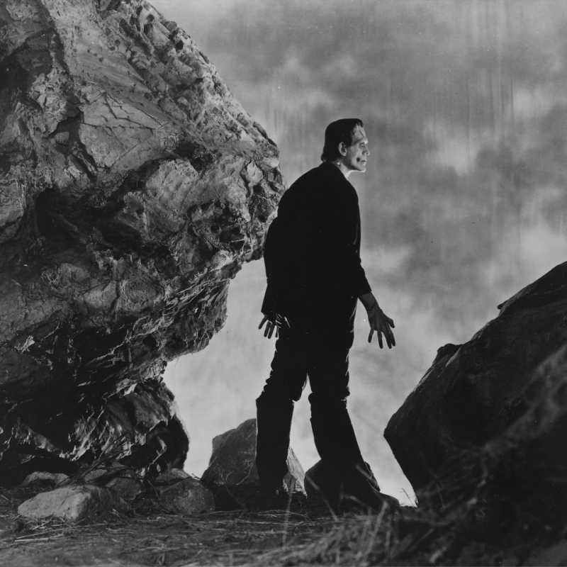 Black-and-white image of Frankenstein’s monster standing between rocky cliffs, gazing upward in dramatic lighting.