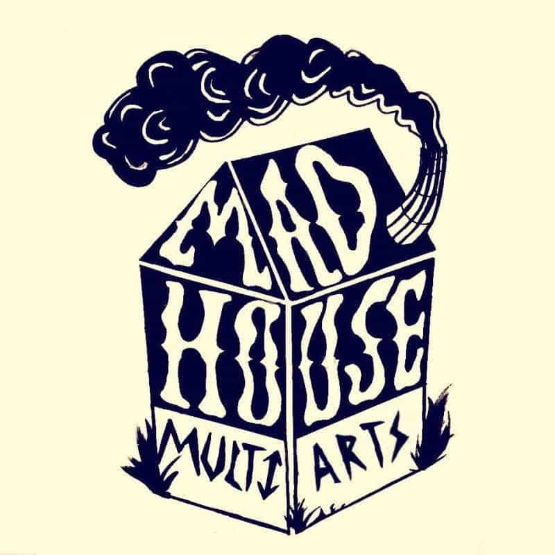 Black and white illustrated logo for Mad House Multi-Arts, featuring a house with smoke rising from the chimney.
