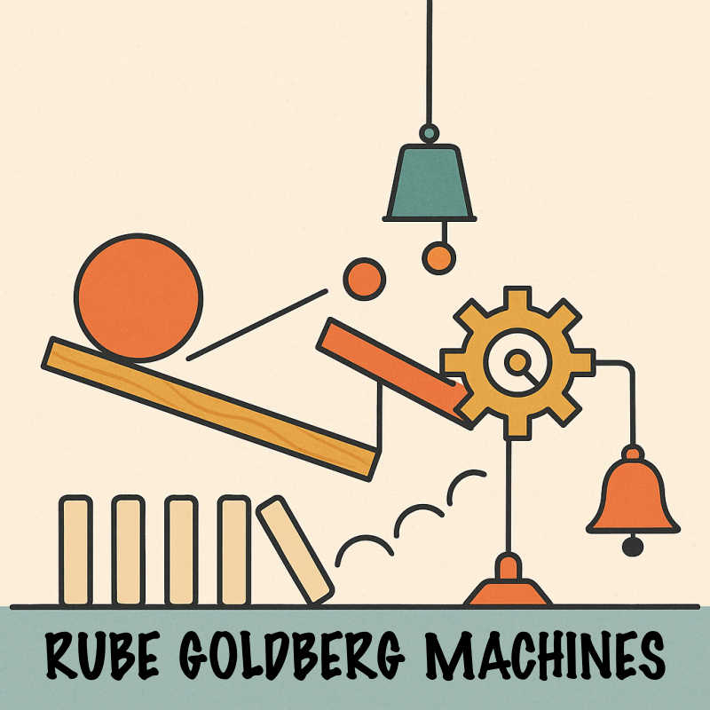 Simple drawing of a Rube Goldberg machine with gears, a ball, dominoes, and a bell, labeled “Rube Goldberg Machines.”