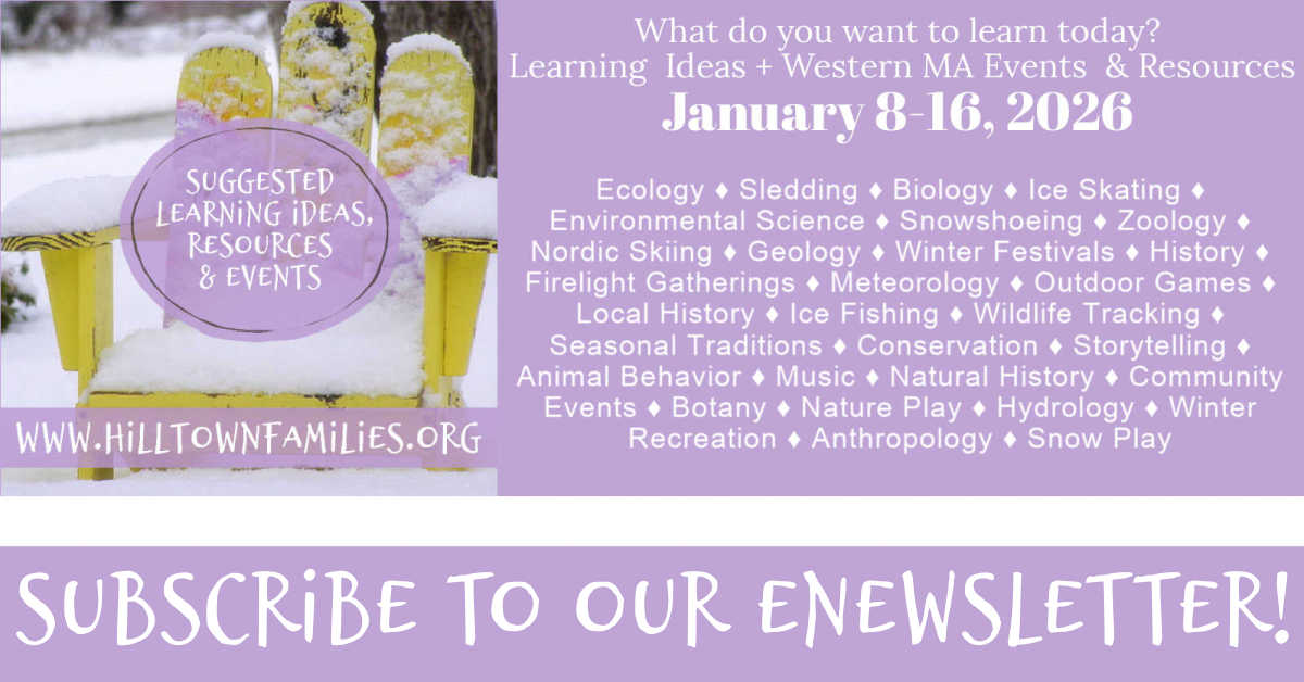 Winter events in the Berkshires and Pioneer Valley: Learning calendar graphic promoting January 8–16, 2026 events and resources, featuring winter imagery and suggested learning themes.