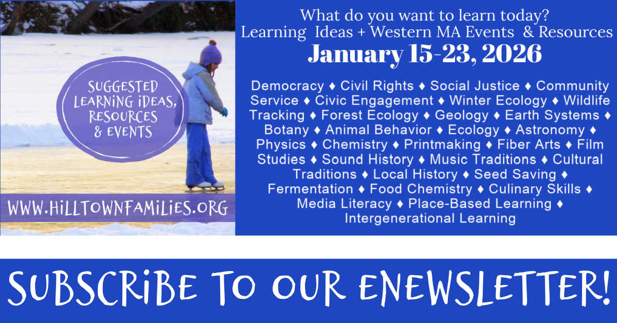Learn Local Play Local weekly graphic showing a child ice skating on a frozen pond with text highlighting January 15–23, 2026 learning themes including civic life, winter ecology, arts, science, food studies, and intergenerational learning.
