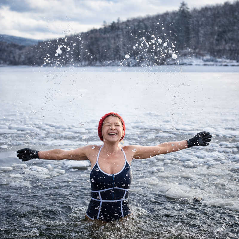 Polar Plunge: A person wearing a swimsuit, hat, and gloves stands waist-deep in icy water during winter, arms outstretched as water splashes upward, with a frozen lake and wooded shoreline behind them.