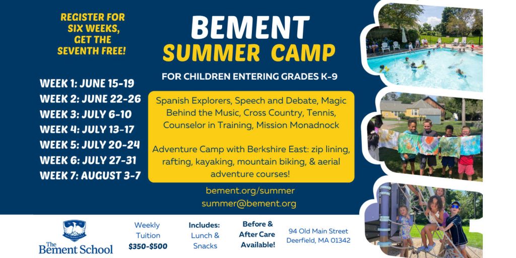 Promotional flyer for The Bement School summer camp listing weekly sessions, activities such as language, sports, and outdoor adventure, with photos of children swimming and playing.