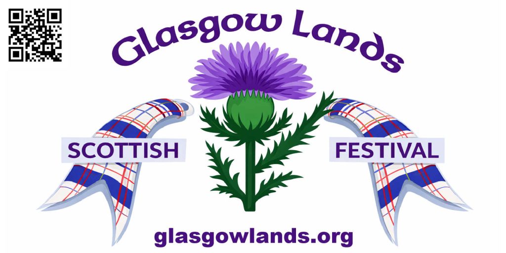 Promotional graphic for the Glasgow Lands Scottish Festival featuring a purple thistle, tartan ribbons, and website information.