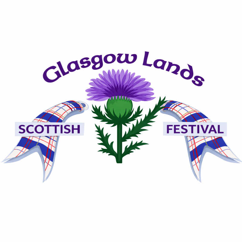 Promotional graphic for the Glasgow Lands Scottish Festival featuring a purple thistle, tartan ribbons, and website information.