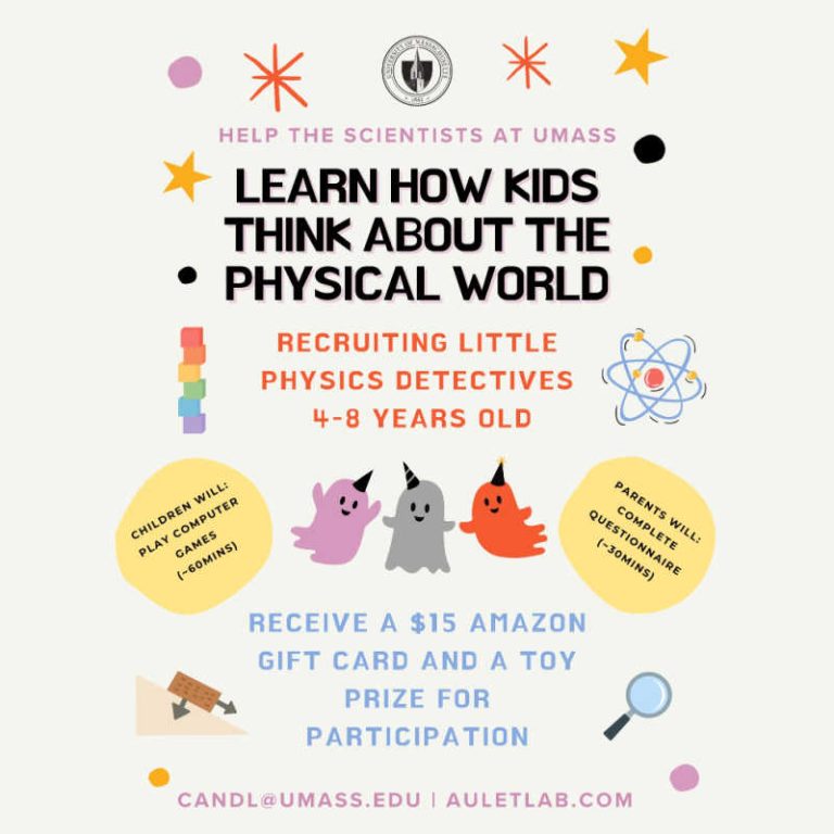 Flyer recruiting children ages 4–8 for a UMass study on how kids think about the physical world, with simple computer games, a parent questionnaire, and a $15 gift card incentive.