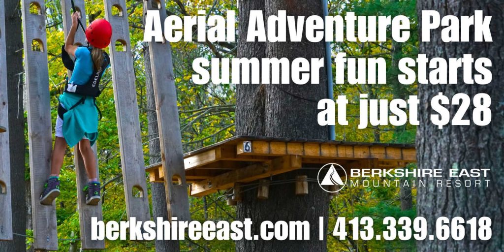 Child wearing a helmet climbs a ropes course in a forest at Berkshire East Aerial Adventure Park with text about summer pricing.