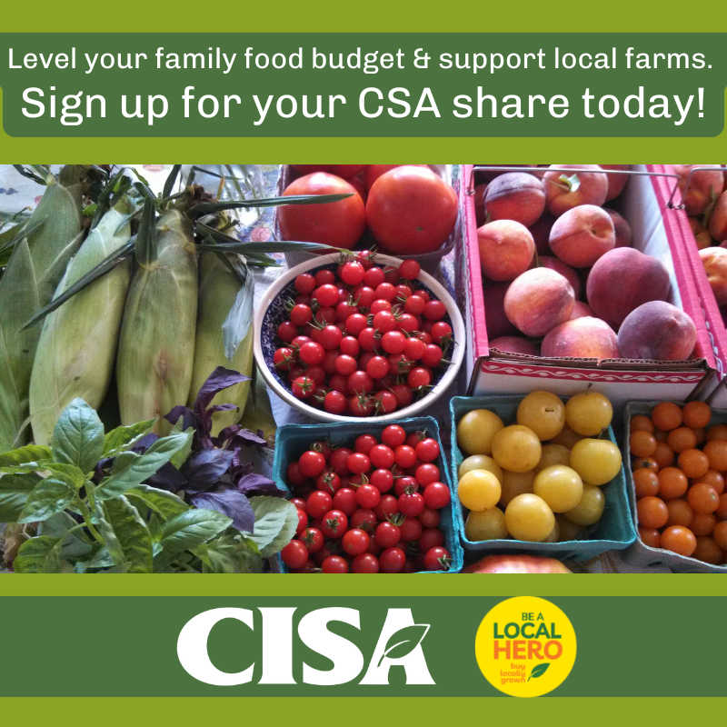 Assorted fresh vegetables and fruit including corn, tomatoes, peaches, and herbs with text promoting CSA sign-up to support local farms.