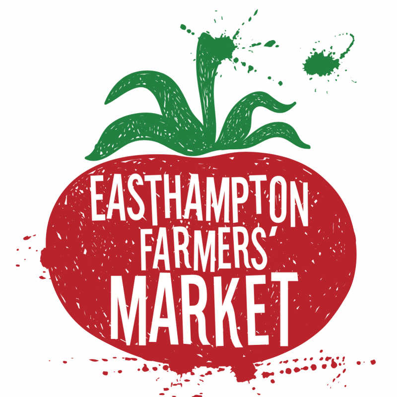 Red tomato graphic with green stem and text reading “Easthampton Farmers’ Market.”