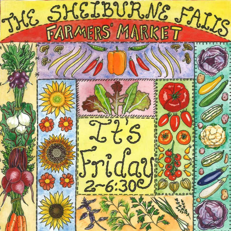 Hand-drawn poster featuring vegetables, flowers, and herbs with text showing Friday market hours.