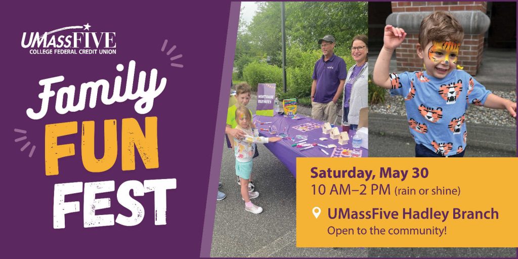 Family event flyer with photos of children doing crafts and a child with face paint, listing date, time, and location in Hadley.