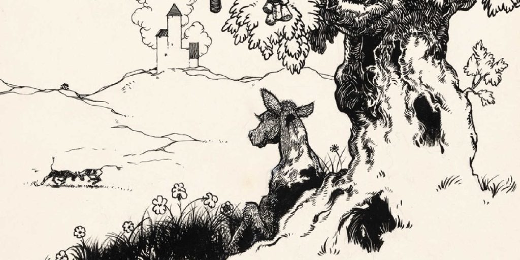Black-and-white illustration of a bull resting under a tree while others run in the distance, with a hilltop building in the background.