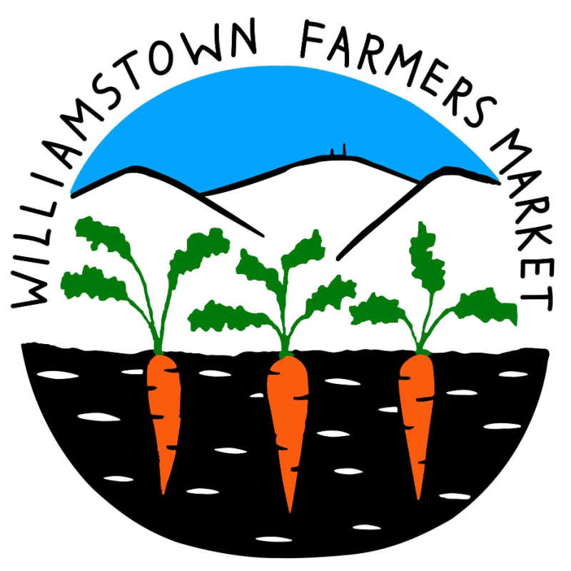 Graphic of three carrots growing in soil beneath stylized mountains with text reading “Williamstown Farmers Market.”