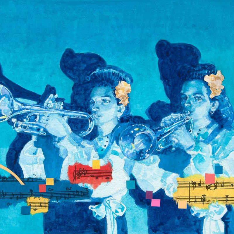 Jerry Pinkney, Illustration for Sweethearts of Rhythm: The Story of the Greatest All-Girl Swing Band in the World by Marilyn Nelson (Dial Books). Courtesy of Gloria Jean Pinkney. © 2009 Jerry Pinkney.