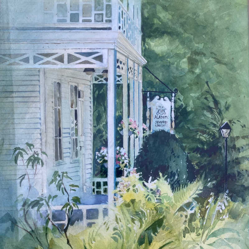 The front of the Academy, where Sevenars concerts take place, painted in watercolor by the artist Karin Cook. Gift of Grant and Beverly Bowman, 2009.